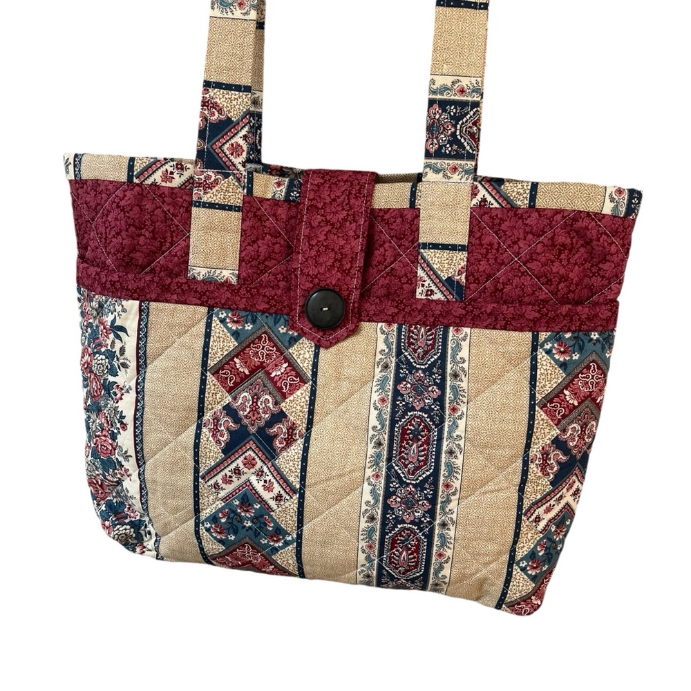 Vintage 90s handmade quilted floral stripe tote bag pink blue cream